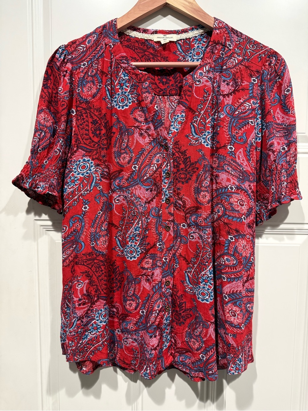 Women's Red Paisley Button-Front Blouse with Short Sleeves